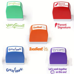 5-Piece Motivational Teacher Stamp Set – Colorful Self-Inking Stamps with Phrases like "Very Good!", "Love", and "Thank You" for School Grading, Homework, and Crafting