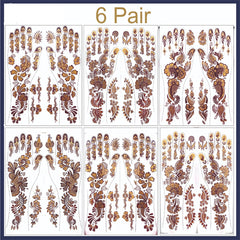6 Pairs - Removable Mehndi / Henna Classic Design Glitter Sticker Tattoo for EID & Wedding Functions