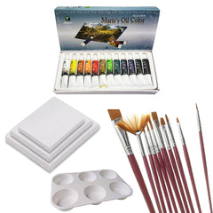 26 Pcs Deal Set - Marie's Oil Color 12 Tubes Small Mixing Plate 10 Pc Multi Shape Brush