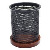 Pen Stand Metal With Wooden Base Round - Black & Brown