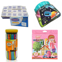 Pack Of 4 Pcs Set - 48 Pcs My Pencil Jar - 45 Pcs Kidco Erasers -24 Pcs Oro Colour Pencils - 36 Pcs Kita Sharpners