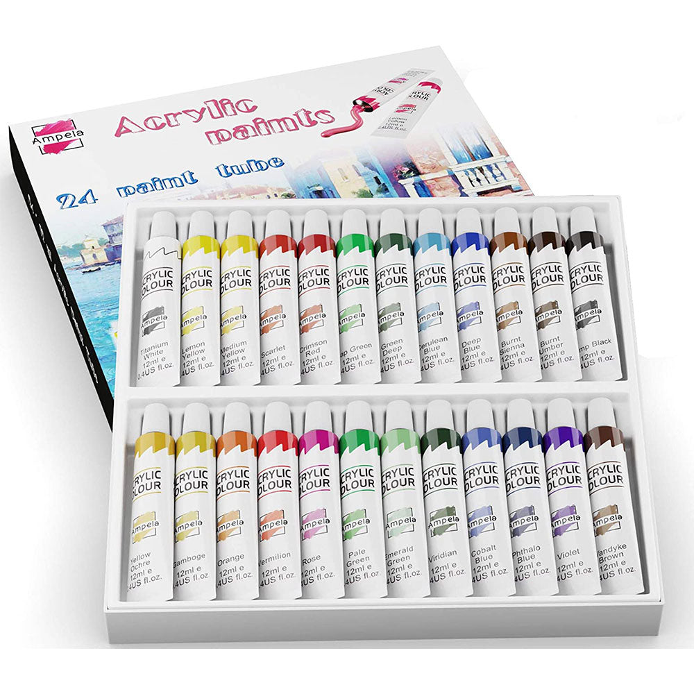 Pack Of 2 - Acrylic Paints 12 And Bomega Artist Brush - 12 Pcs