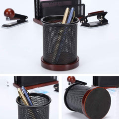 Pen Stand Metal With Wooden Base Round - Black & Brown