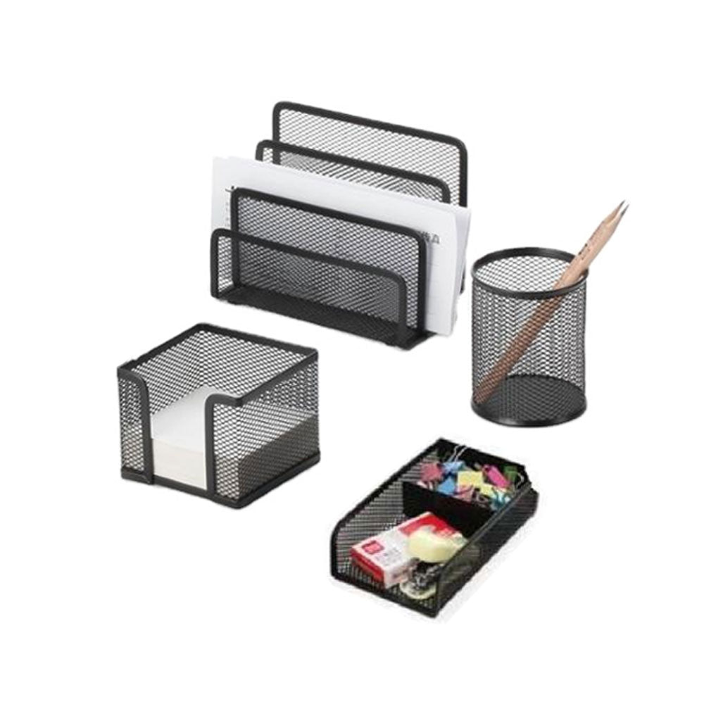 5 In 1 Desk Organizer Table Set Pen Stationery Holder Stand & Letter Tray 3 Story Tier Metal Mesh Set Of 5
