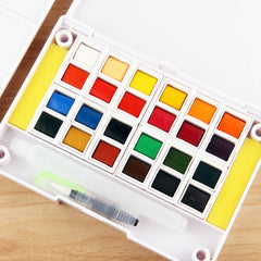 Superior 24 Colors Solid Watercolor Transparent Paints With Two Painting Brushes With Palette And Sponge In Box Set