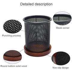 Pen Stand Metal With Wooden Base Round - Black & Brown