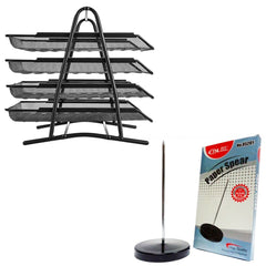Pack Of 2 - Metal 4 Tier Letter Tray & Paper Spear/ Bill Spindle
