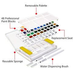 Superior 36 Colors Solid Watercolor Transparent Paints With Two Painting Brushes With Palette And Sponge In Box Set