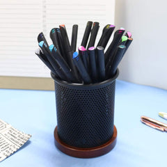 Pen Stand Metal With Wooden Base Round - Black & Brown