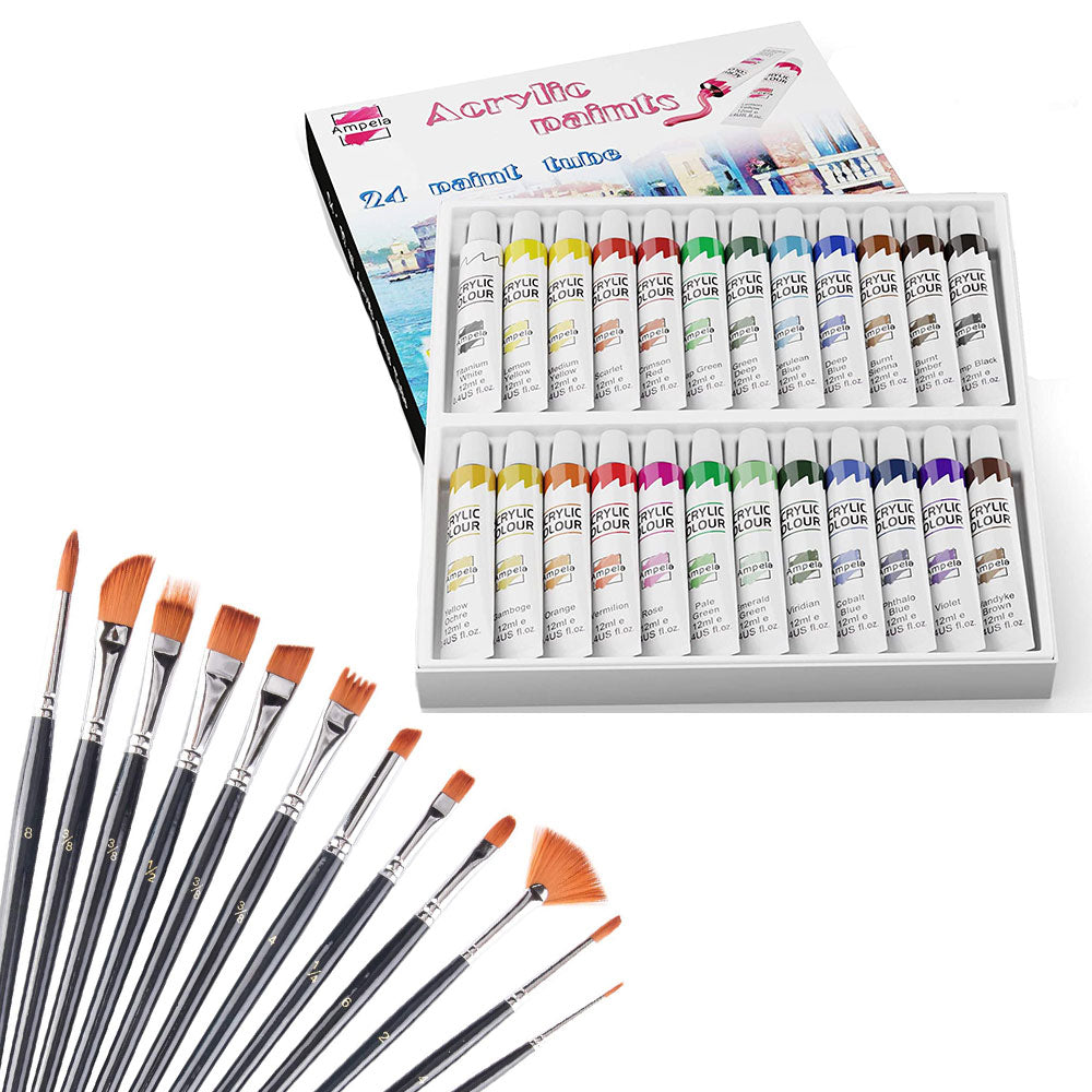 Pack Of 2 - Acrylic Paints 12 And Bomega Artist Brush - 12 Pcs