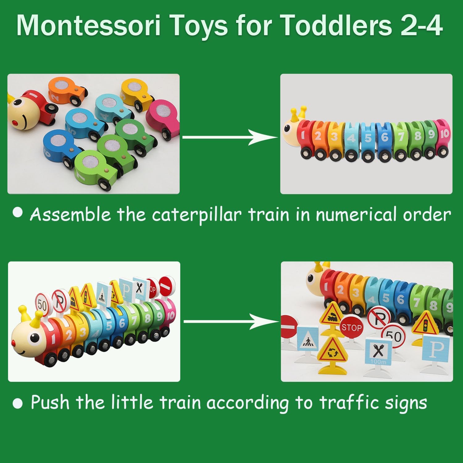 Wooden Caterpillar Train with Numbers & Traffic Sign