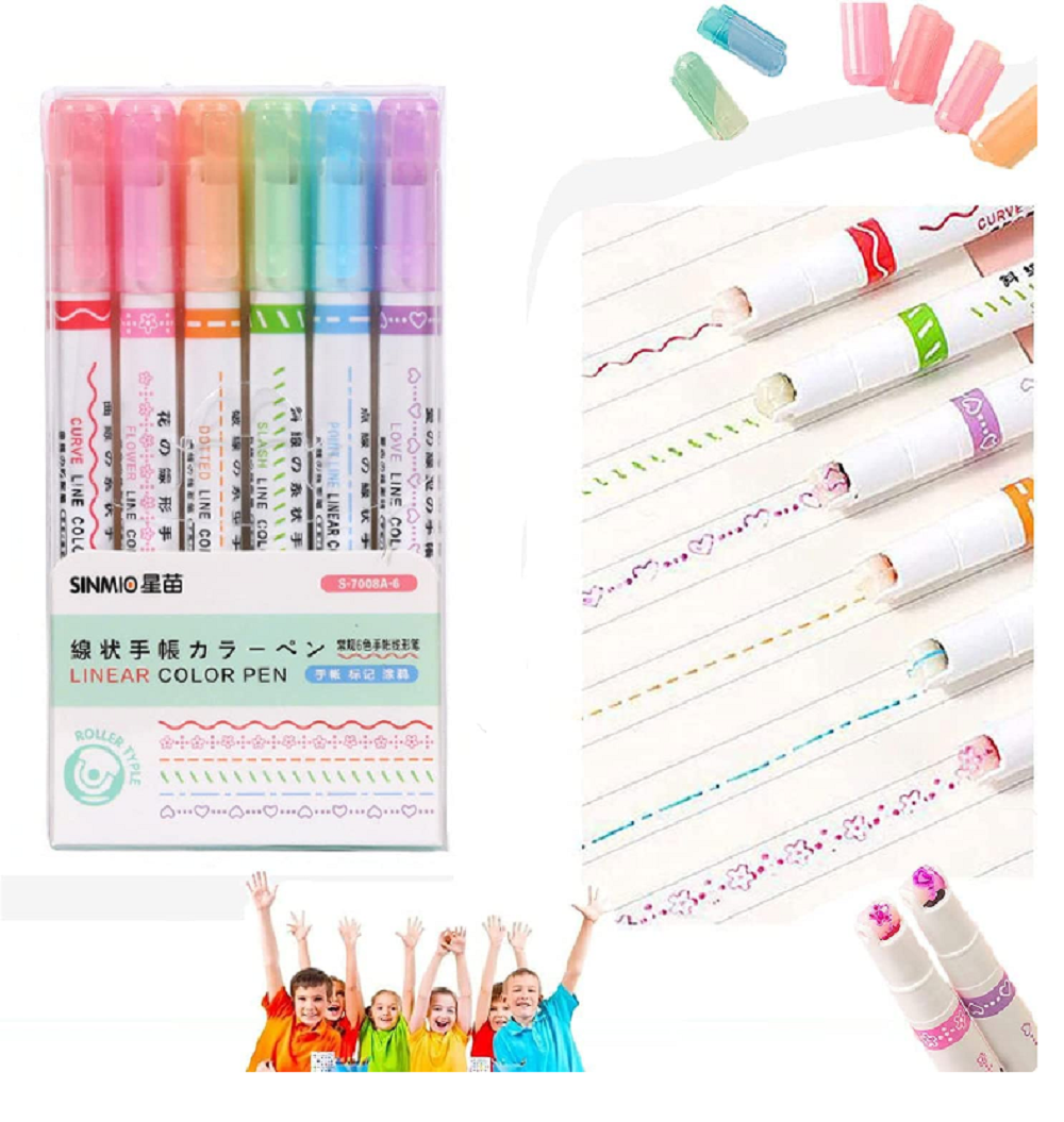 Curve Highlighter Pen Set, 6 PCS Different Curve Shapes,Linear Color Pens,Dual Tip Pens,Colorful Curve Highlighter Pen Set,Colorful Curve Highlighters for Writing Diary Coloring Sketching