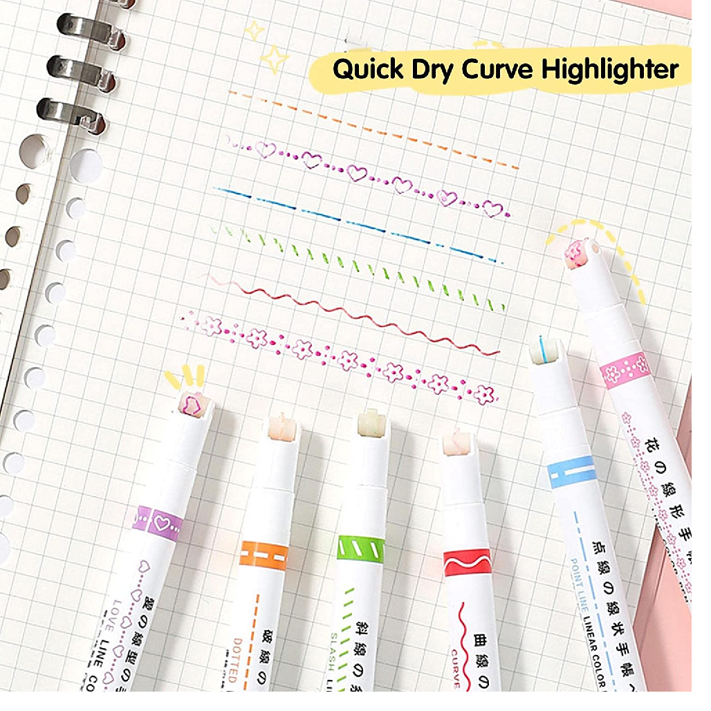 Curve Highlighter Pen Set, 6 PCS Different Curve Shapes,Linear Color Pens,Dual Tip Pens,Colorful Curve Highlighter Pen Set,Colorful Curve Highlighters for Writing Diary Coloring Sketching