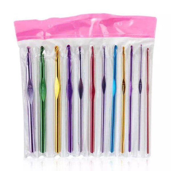 12Pcs New Metal Handle Crochet Hook Knitting Needles Set Aluminum
