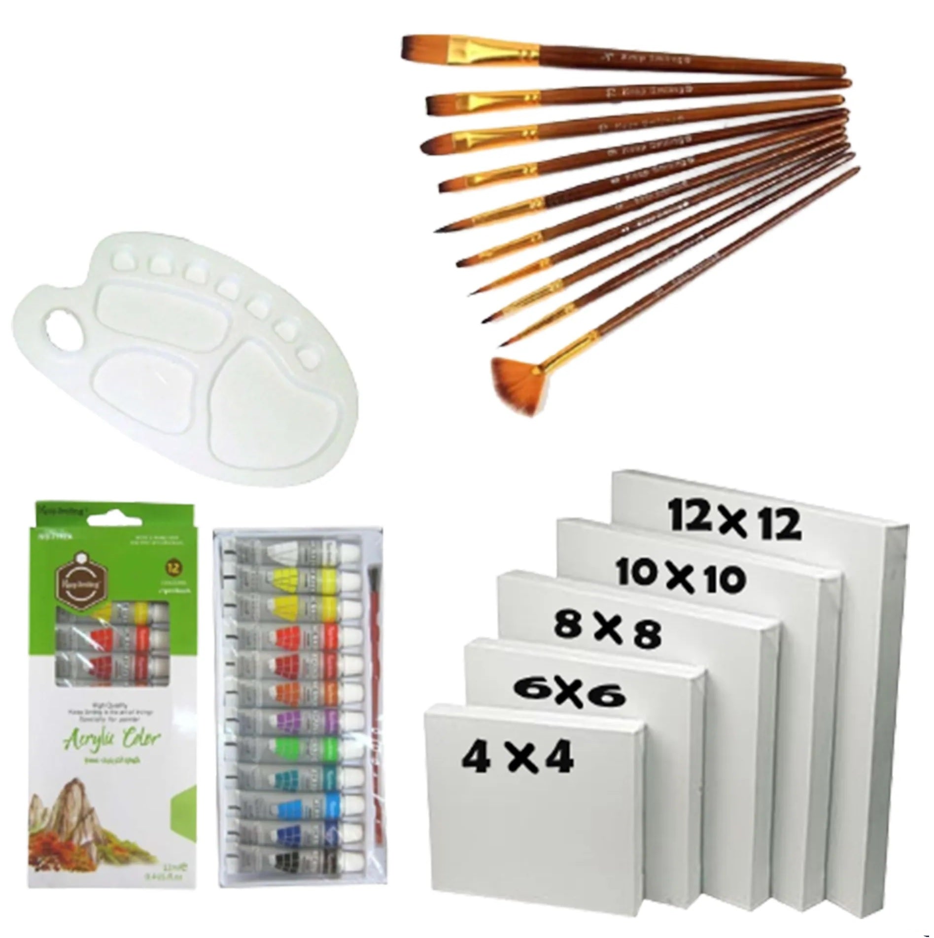 17 Pcs Set Value Pack For Artist  5pcs Canvases SIZE 4X4,6X6,8X8,10X10,12X12, 12pcs Acrylic Paint set , 10pcs Multi Shape Brush set  With 10 Wells Palette