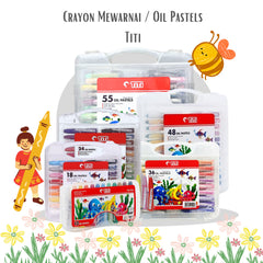 Titi Oil Pastels Set - Non-Toxic Smooth Rich Colours Crayon Mewarnai with Plastic Storage Case (Available in 12, 18, 24, 36, 48, 55 Colors)