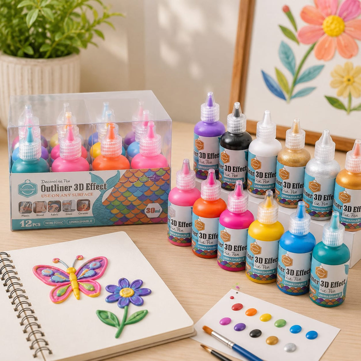 Keep Smiling 12 Pcs 3D Effect Outliner Paint Pen Set – 30ml Squeeze Bottle Puff Paint for Glass, Fabric, Wood, Plastic, Ceramic, and Canvas Art