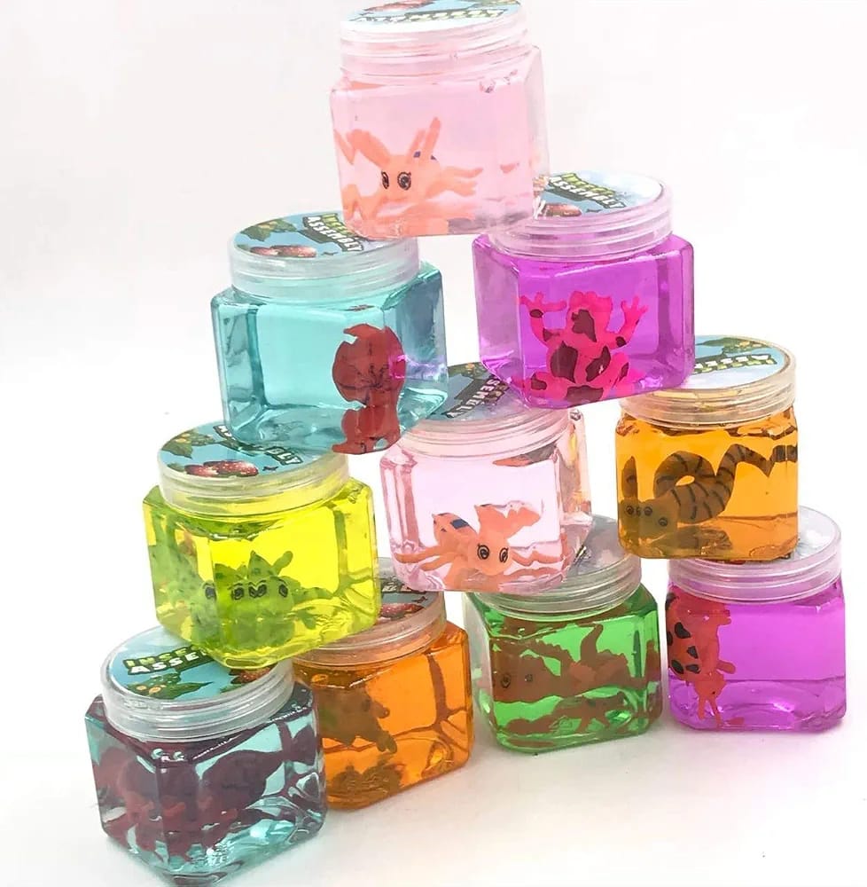 Colorful Crystal Slime in Jar with Animal Toy Inside – Clear Jelly Mud & Sensory Stress Relief Toy for Kids