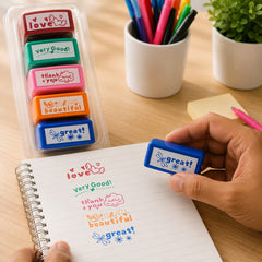 5-Piece Motivational Teacher Stamp Set – Colorful Self-Inking Stamps with Phrases like "Very Good!", "Love", and "Thank You" for School Grading, Homework, and Crafting