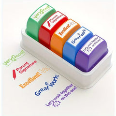 5-Piece Motivational Teacher Stamp Set – Colorful Self-Inking Stamps with Phrases like "Very Good!", "Love", and "Thank You" for School Grading, Homework, and Crafting
