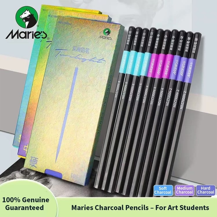 (10pcs Mix) Marie's Charcoal Pencils Set (Soft, Medium, Hard) | Professional Sketching & Drawing Pencils for Art Students and Artists
