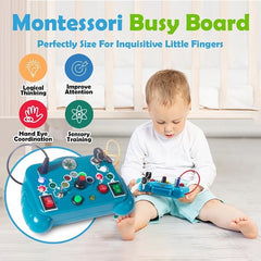 Montessori Busy Board for Toddlers, Toy from 1 Year, Baby Activity Board with 8 LED Light Switches, Sensory Motor Skills Learning Toy