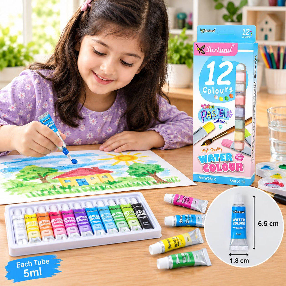 Bertand 12 Colors Pastel Water Colour Set (5ml x 12) | High Quality Watercolor Tubes for Artists, Students & DIY Crafting