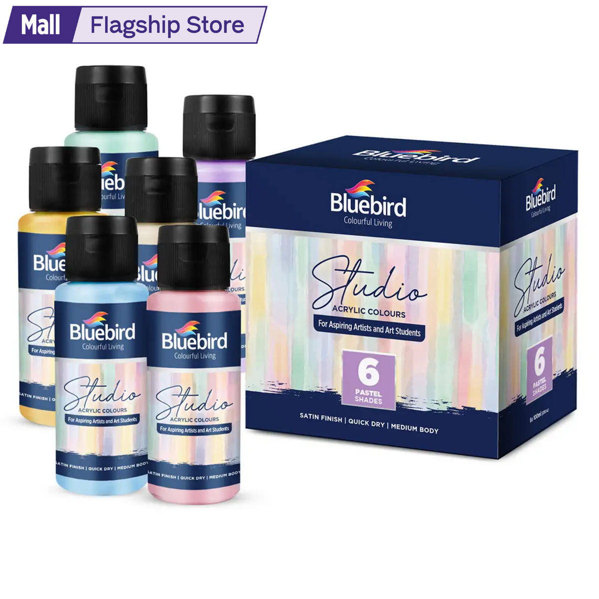 Bluebird Studio Acrylic Paints Set, Acrylic Colors Set of 6 x 100 ml for Students, Kids & Hobby painters, Non Toxic Water Based Quality Acrylic Colors