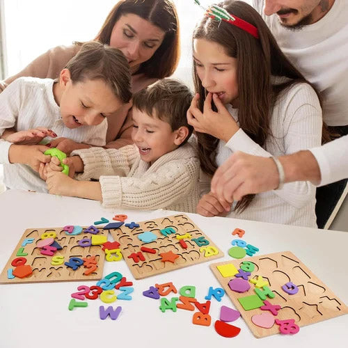 Set of 3 pcs Wooden Alphabet, Number, and Shape Puzzle Set - ABC, 123 - Educational Learning Toys for Toddlers