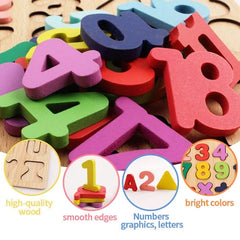 Set of 3 pcs Wooden Alphabet, Number, and Shape Puzzle Set - ABC, 123 - Educational Learning Toys for Toddlers