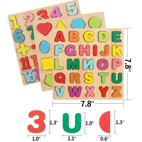 Set of 3 pcs Wooden Alphabet, Number, and Shape Puzzle Set - ABC, 123 - Educational Learning Toys for Toddlers