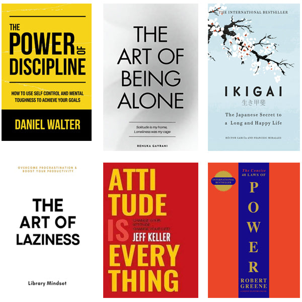 Pack of 6 Books Set – The Power of Discipline, Ikigai, The Art of Being Alone, The Art of Laziness, Attitude is Everything & The 48 Laws of Power