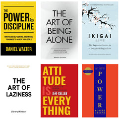 Pack of 6 Books Set – The Power of Discipline, Ikigai, The Art of Being Alone, The Art of Laziness, Attitude is Everything & The 48 Laws of Power