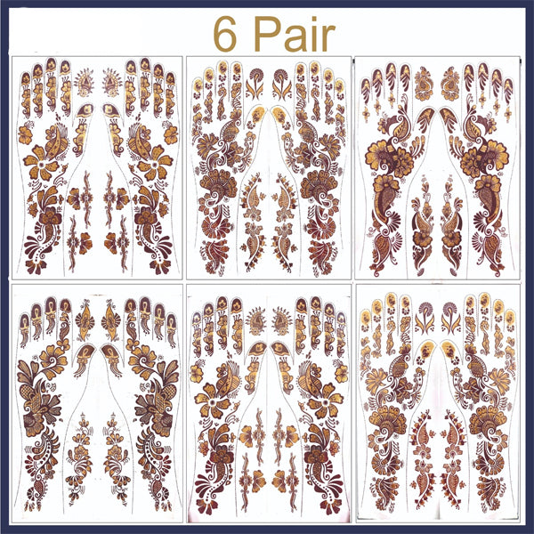 6 Pairs - Removable Mehndi / Henna Classic Design Glitter Sticker Tattoo for EID & Wedding Functions