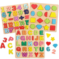 Set of 3 pcs Wooden Alphabet, Number, and Shape Puzzle Set - ABC, 123 - Educational Learning Toys for Toddlers