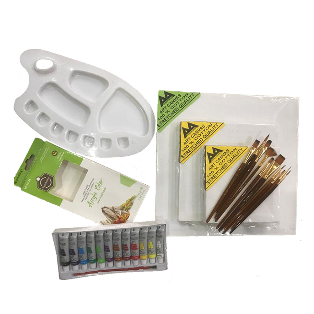 15 Pcs/Set Value Pack For Artist - Canvases, Acrylic Paints, Multi Shape Brushes And Pallette