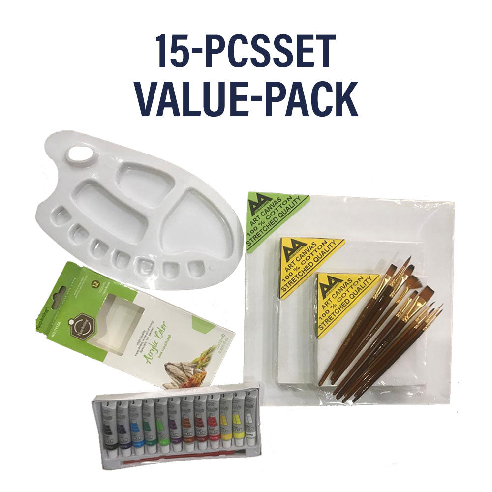 15 Pcs/Set Value Pack For Artist - Canvases, Acrylic Paints, Multi Shape Brushes And Pallette