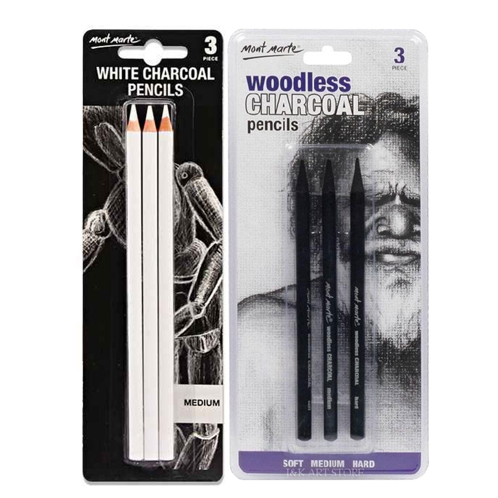 Pack Of 2 - 3 Pcs White Charcoal Pencils And Mont Marte 3 Pieces Set Woodless Charcoal Pencils
