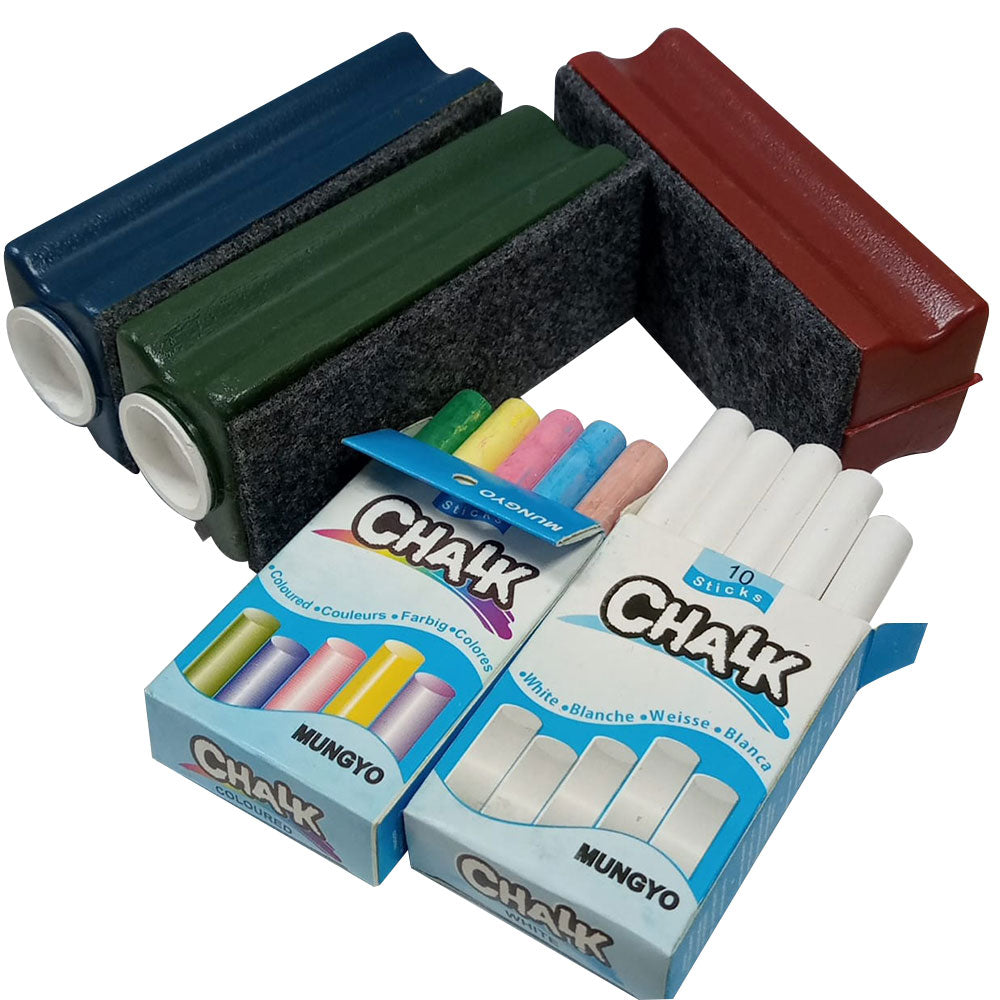 Combo Pack - 3pcs Board Duster, 10 sticks Mongyo White Chalk & 10 sticks Mongyo Coloured Chalks