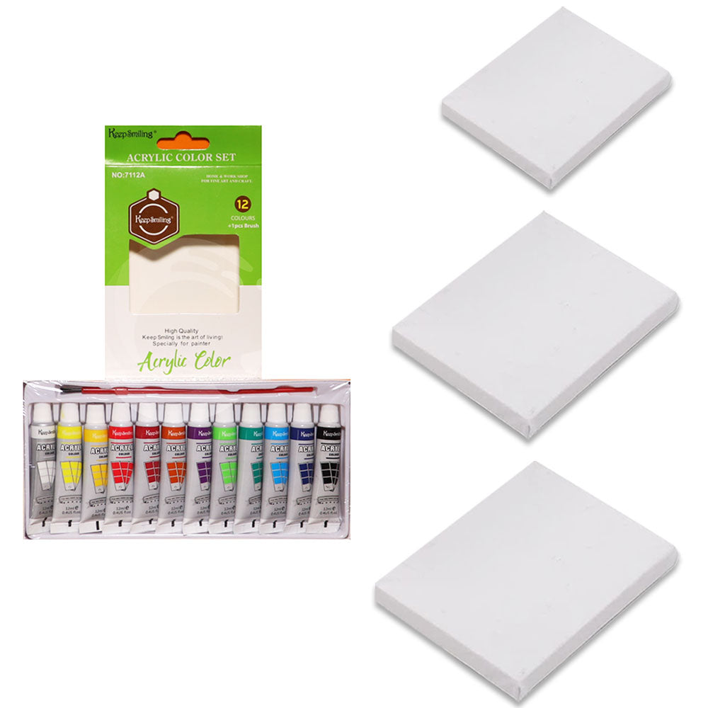 Deal (2) 6X6 Canvas (1) 8X8 Canvas (1) 12X12 Canvas With (1) Acrylic 12 Pc Colour Tube Set