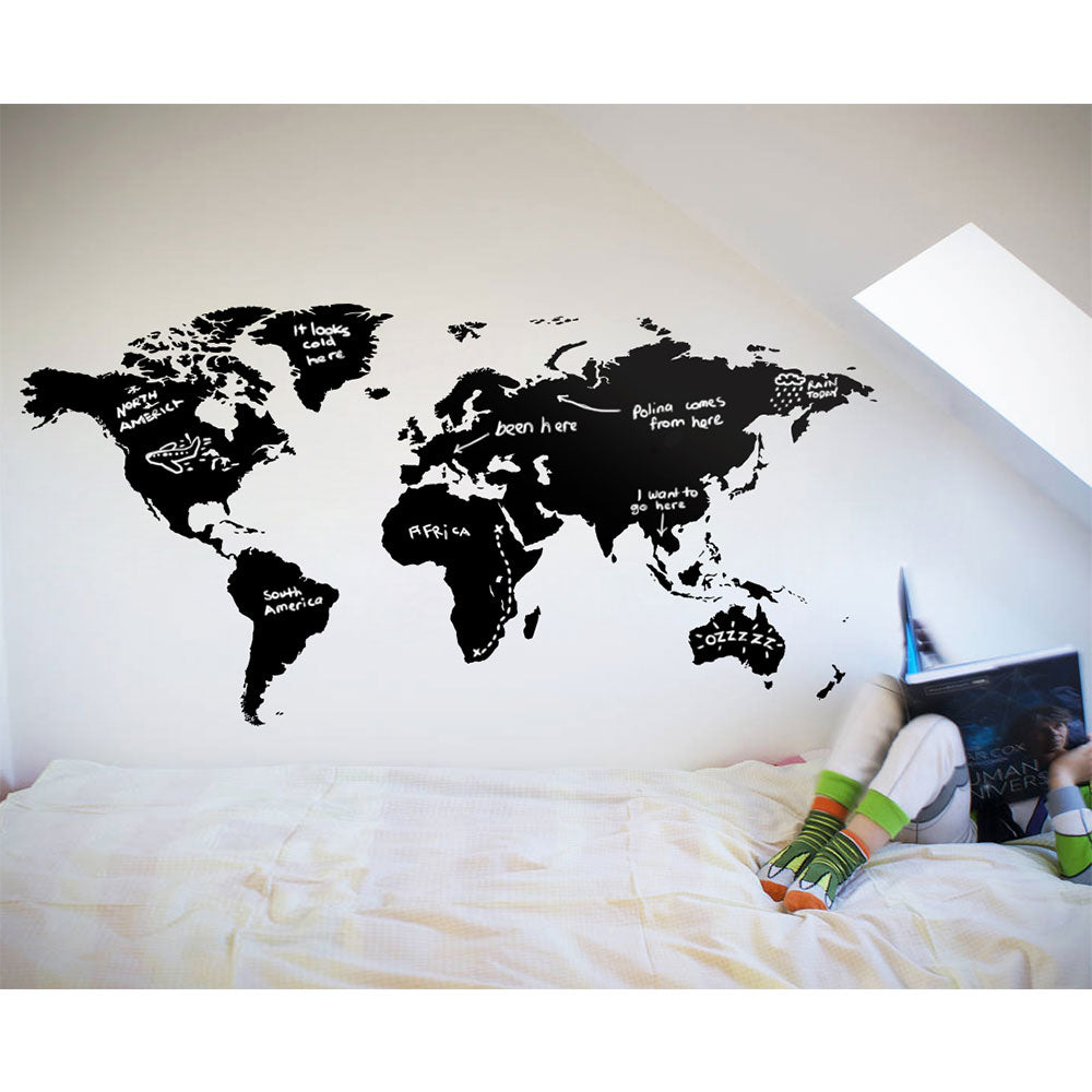 Chalkboard World Map Wall Sticker Self Adhesive With 2 Chalks