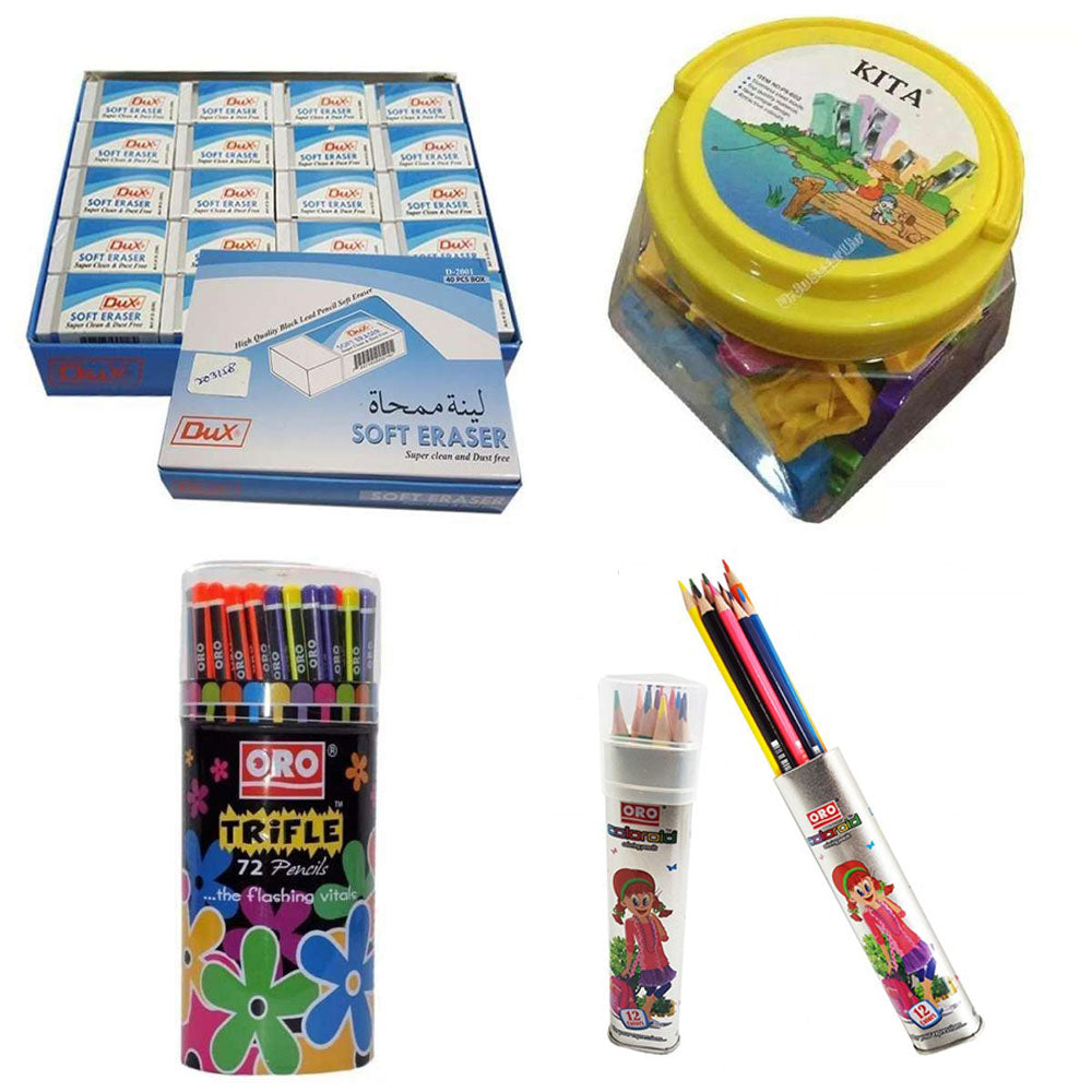Pack Of 4 Pcs Set - 72Pcs Oro Pencil Jar - 40 Pcs Erasers -12 Pcs Oro Colour Pencils - 50 Pcs Kita Sharpners