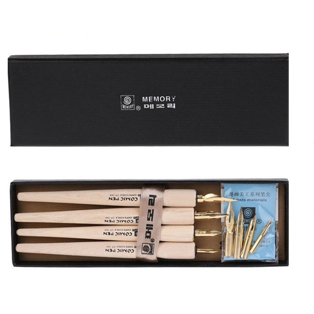 Memory 568 Series Calligraphy Dip Pen Wood Comics Pen 4 Holder 8 Nib Set