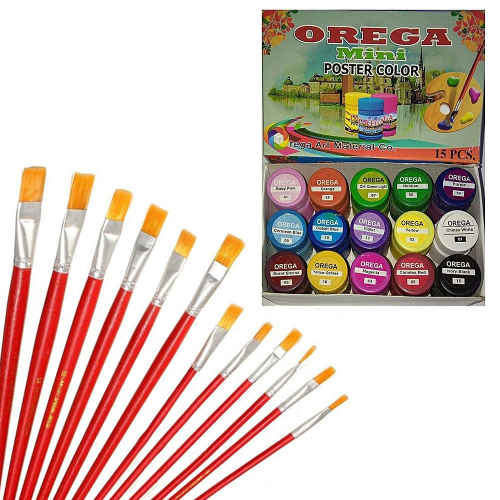 Orega 15pcs Poster Color 15ml  with Imported Paint Brush 12pcs Flat Head