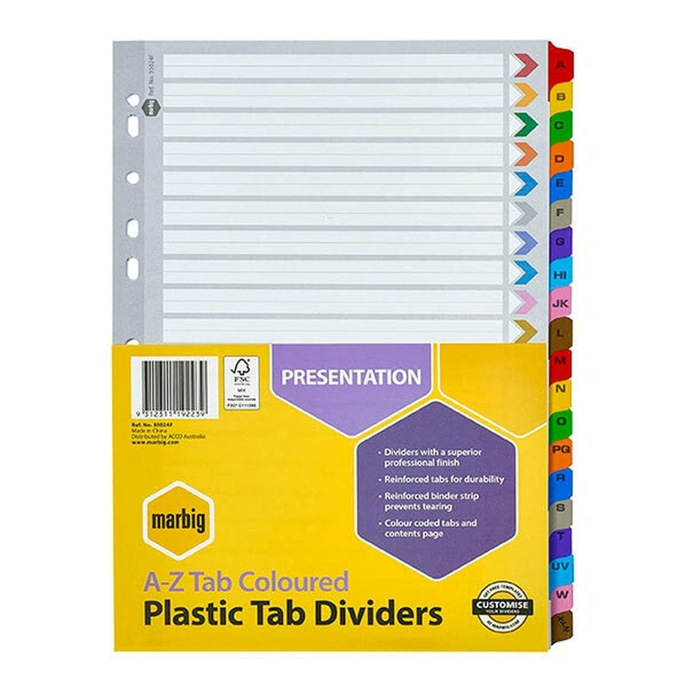 Marbig Index Divider Separator A-Z Tab Reinforced A4 Assorted