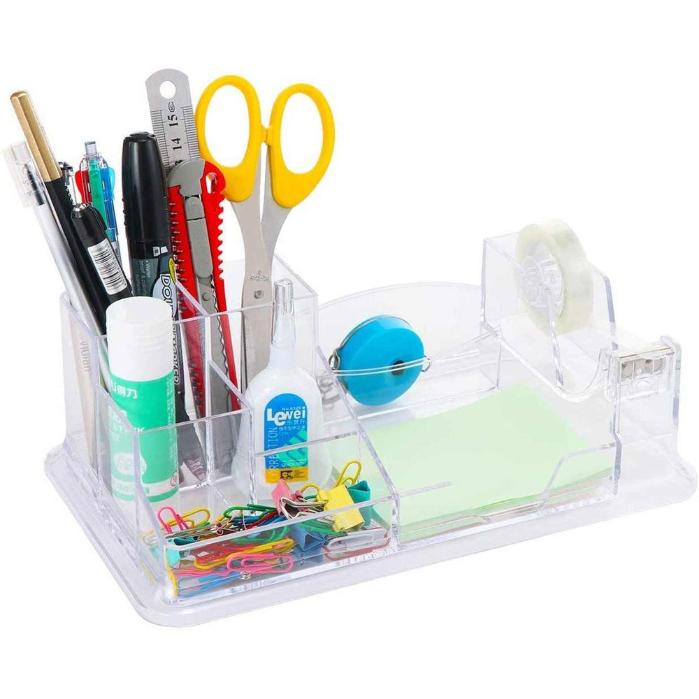 K-960 Crystal Glass Acrylic_Transparent Executive Style Deluxe Stationery Holder, Pen Stand, Desk Organizer Paper Slip Holder Visiting Id Cardholder With 1 Inch Crystal Tape Dispense`
