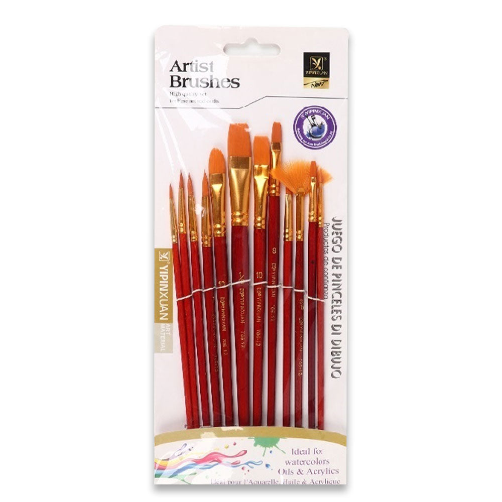 12Pcs Multi Shapes Artist Paint Brush Set Watercolour Acrylic Nylon Hair Oil Painting Supply
