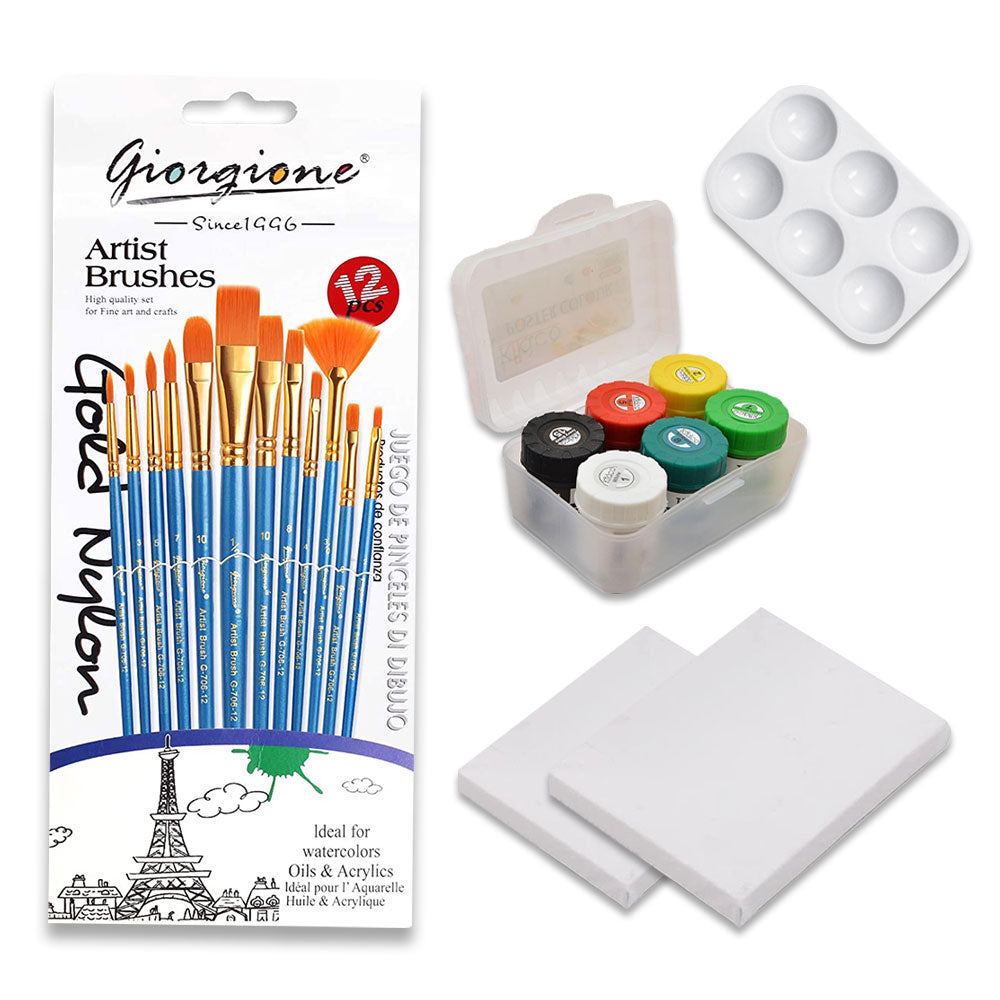 Canvases (6X6,8X8), Kidco Neon And Special Colour Poster Paints ,Round Brushes 7Pcs ,1 Palette