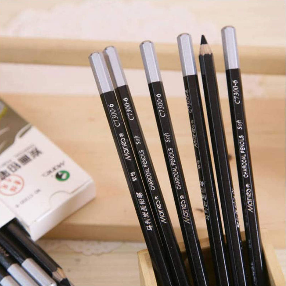 Marie Pack Of 6 Charcoal Pencil (3 Soft And 3 Hard) - 6 Pencils