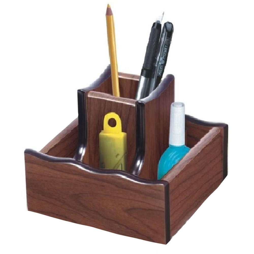 Wooden Revolving Desk Organizer Pen Stand Stationery Holder - Brown
